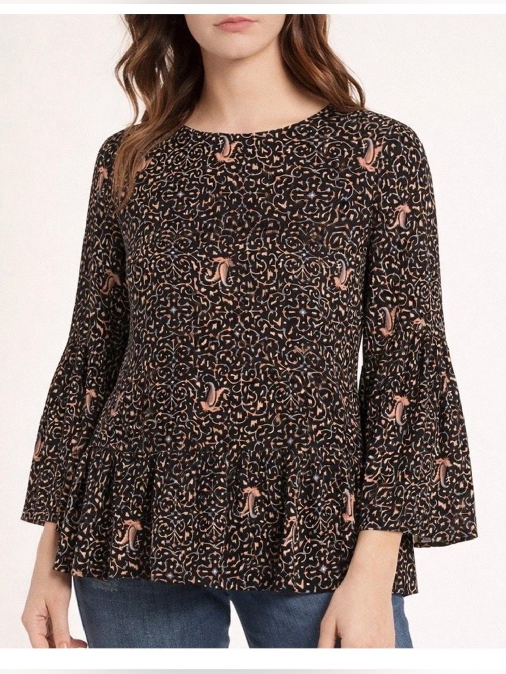 100% Silk Madewell Black Long-Sleeve Floral Peplum Tunic with Blush Accents